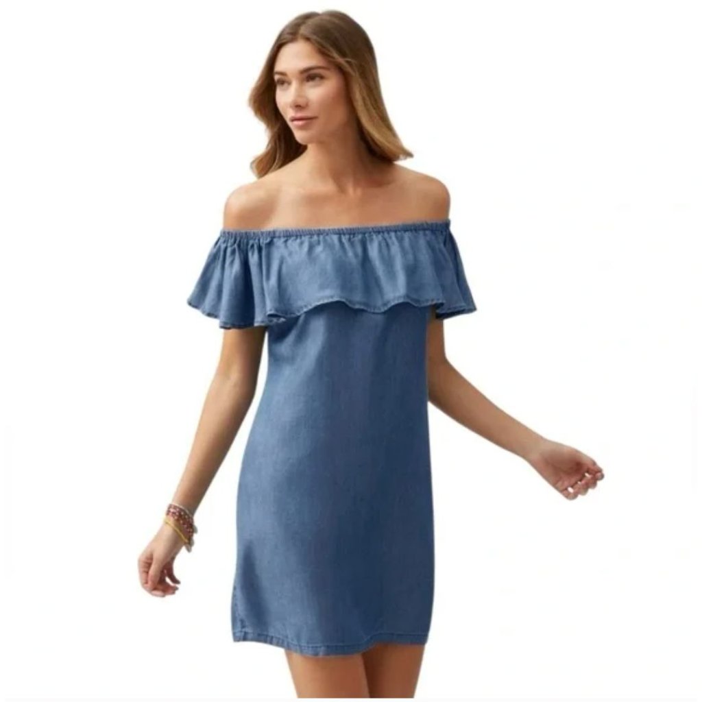 Tommy Bahama Women’s Coastal Chambray Off-Shoulder Ruffle Shift Dress Small